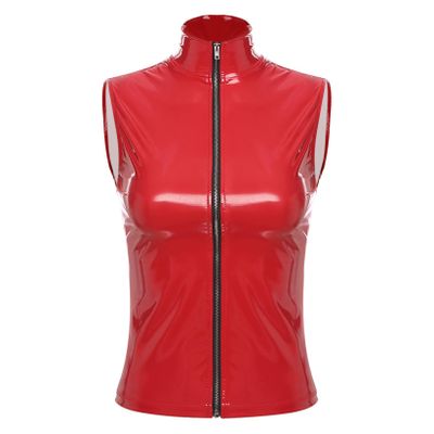 Zaldita Women's Red Leather Top High Neck Front Zipper Shirts Slim Fit Latex Tops for Festival Red XX-Large