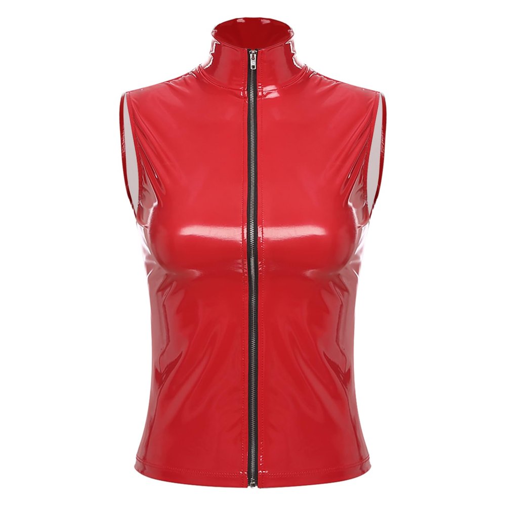 Zaldita Women's Red Leather Top High Neck Front Zipper Shirts Slim Fit Latex Tops for Festival Red XX-Large