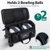 GoHimal Double Roller 2 Ball Bowling Bag with Separate Shoe Compartment for Bowling Shoes (Up To US Mens Size 15) and Oversized Accessory Pocket, Retractable Handle - Extends to 40" (Black) view 3