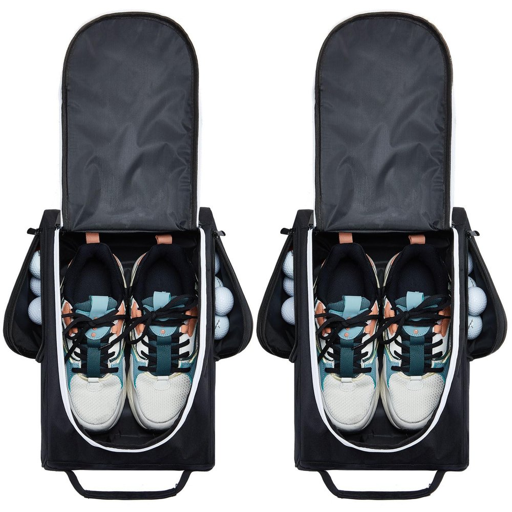 Funtery 2 Pcs Golf Shoe Bag for Travel Zippered Sports Shoe Carrier Tote Bags Golf Accessories with Ventilation Outside Pocket for Balls Tees Socks Accessories Men Women(Black, Gray)
