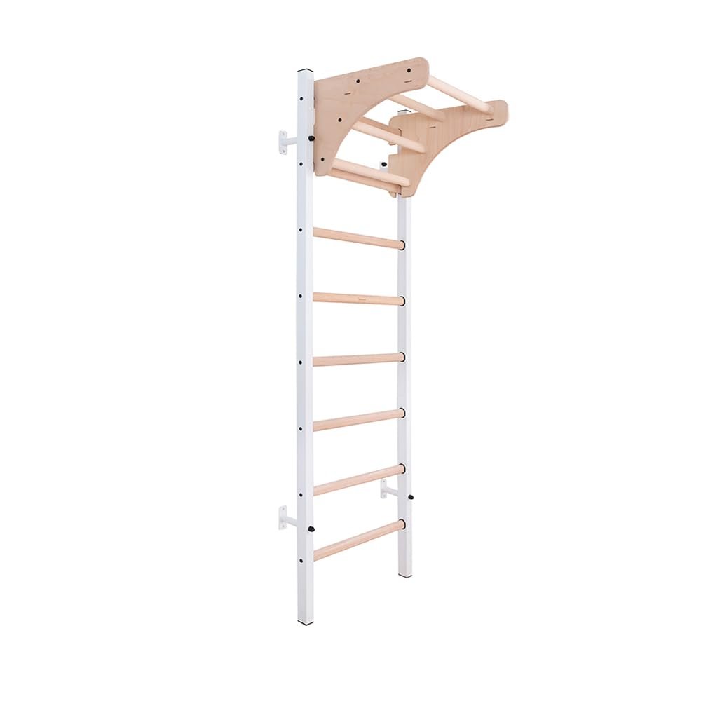 BenchK 211W Wallbars, Stall Bars, Swedish Ladder, Gymnastic Ladder with Steel Frame, 8 Solid Beech Oval Rungs and Adjustable Beech Wooden Pull Up Bar for Suspension Training, Strength Training