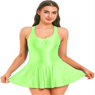 LiiYii Women's Sleeveless Skirted Leotard Ballet Dance Dress Glossy Silky Gymnastic Yoga Bodysuits Fluorescent Green Small