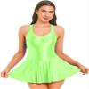 LiiYii Women's Sleeveless Skirted Leotard Ballet Dance Dress Glossy Silky Gymnastic Yoga Bodysuits Fluorescent Green Small view 1
