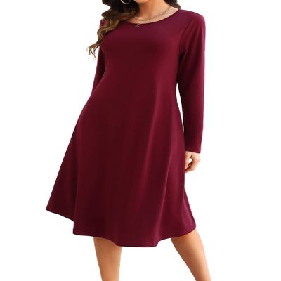 MISSKY Women's Long Sleeve Pullover Pocket Loose Swing Casual Dress, Wine 2XL