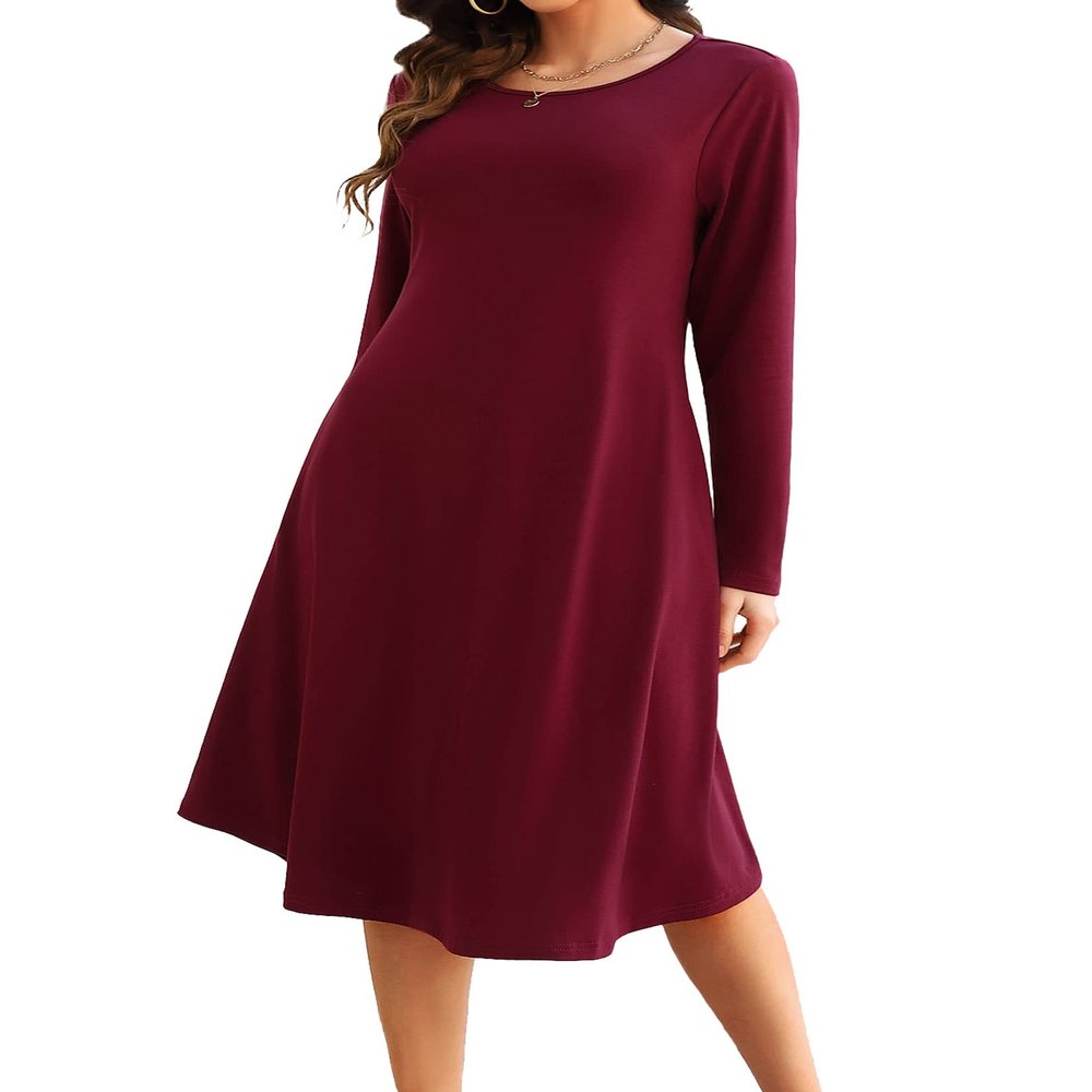 MISSKY Women's Long Sleeve Pullover Pocket Loose Swing Casual Dress, Wine 2XL