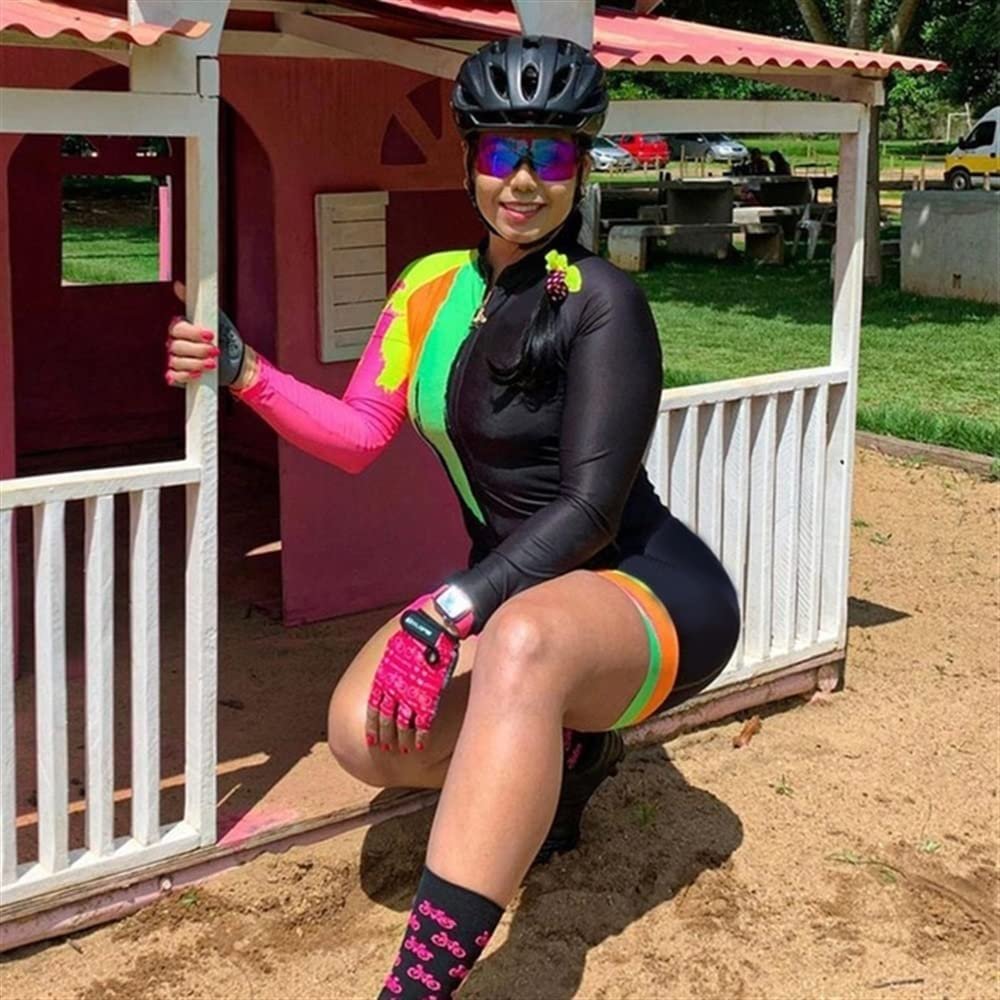 Triathlon Race Suit,Women's Cycling Suit,Cycling Jumpsuit Long Sleeve Tights Set Mountain Jumpsuit,GEL Pad Sportwear (Color : 02, Size : Small)