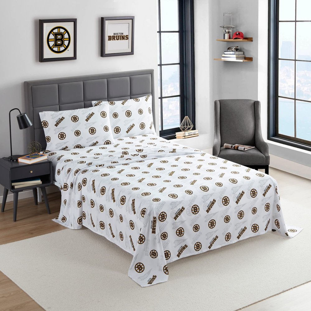 NORTHWEST Officially Licensed Boston Bruins NHL Full Size Sheet Set  Comfortable Bedding with Repeating Team Logos for Hockey Fans, Dorm & Game Day Spirit Rooms