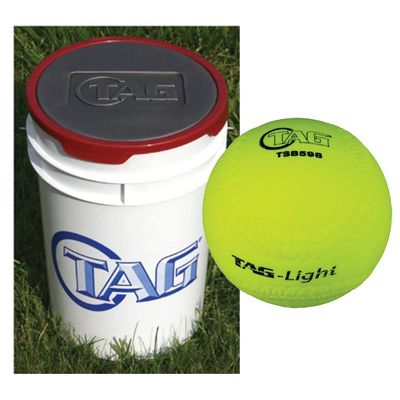 TAG Ball Bucket Kit with 24 Sponge Softballs, 6 Gallon White Ball Bucket with Padded Lid, Yellow Multi-Use Balls for Indoor Use
