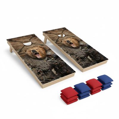 Bow Hunter with Bear Cornhole Wood Board Skin Wraps  Fits 2 Regulation Boards, Free Laminate, Vintage Outdoor Design, Durable Laminated Material Portable, Tailgating, Backyard, Party, BBQ (Wrap Only)