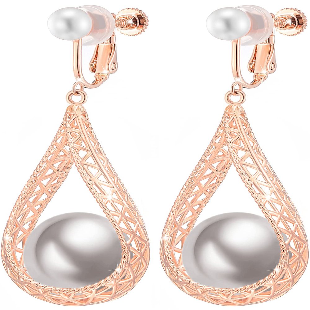 Clip On 14MM Big Pearl Dangle Formal Non Pierced Earrings for Women Costume Jewelry, 53.2mm, Rose Gold, Pearl