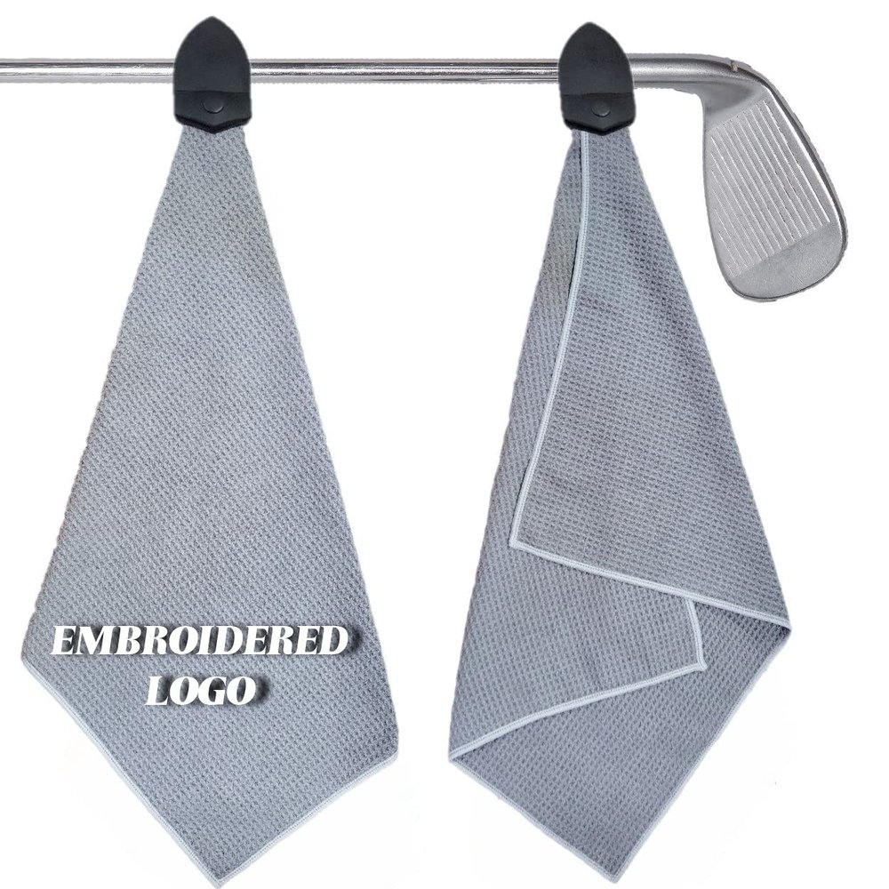 Muka 2 PC Personalized Golf Towel Embroidered Logo with Magnet Microfiber Waffle Texture Heavy-Duty 16x20 inch-Grey