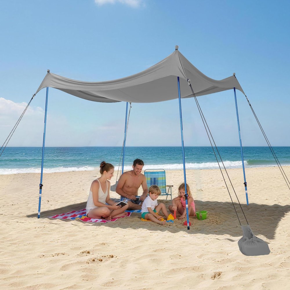 CROWN SHADES 7x7 Beach Tent Sun Shelter, Easy Pop Up Beach Canopy Shade, Portable Outdoor Carpas UPF50+, Includes 4 Poles Adjustable Aluminium, Extra-Large Big Sand Shovel, Grey