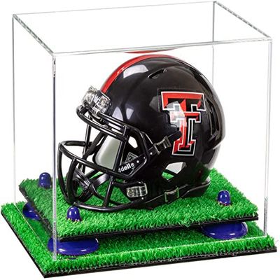 Better Display Cases Acrylic Mini - Miniature Football Helmet (not Full Size) Display Case with Clear Case, Dark Blue Risers and Turf Base (V45/A003)