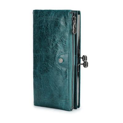 CONTACTS Full Grain Leather Kiss Lock Wallet for Women Vintage Kiss Clasp Wallet Coin Purse RFID Bifold Phone Wallet Card Holder (Peacock Blue)