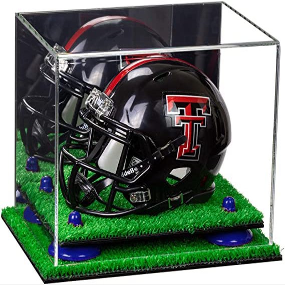 Better Display Cases Acrylic Mini - Miniature Football Helmet (not Full Size) Display Case with Mirror Case, Dark Blue Risers and Turf Base (V45/A003)