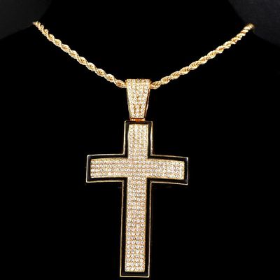 Men Hip hop Shine Crystal Cross Pendant Necklace With 13mm Rhinestone Cuban Chain Iced Out Bling Necklaces Rock Fashion Jewelry (Stainless Steel B Gold-24inch(62cm))