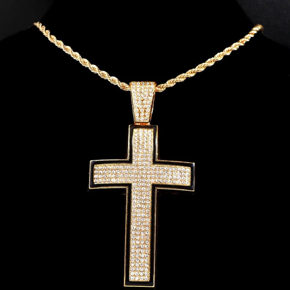 Men Hip hop Shine Crystal Cross Pendant Necklace With 13mm Rhinestone Cuban Chain Iced Out Bling Necklaces Rock Fashion Jewelry (Stainless Steel B Gold-24inch(62cm))