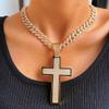 Men Hip hop Shine Crystal Cross Pendant Necklace With 13mm Rhinestone Cuban Chain Iced Out Bling Necklaces Rock Fashion Jewelry (Stainless Steel B Gold-24inch(62cm)) view 4
