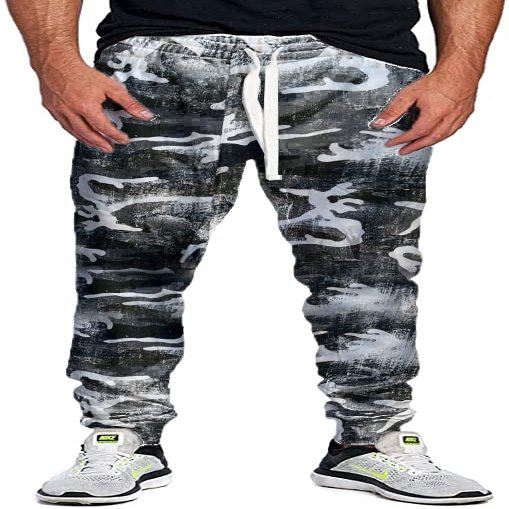 PROGO USA Men's Joggers Sweatpants Basic Fleece Marled Jogger Pant Elastic Waist (Small, B&W Camo)