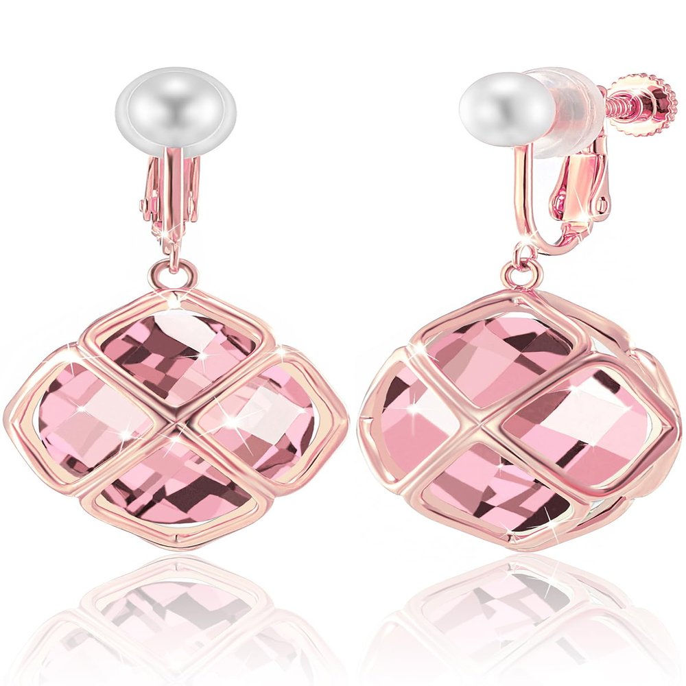 Clip On Big Rose Quartz Crystal Dangle Earrings for Women (Oct-Pink-Rose Gold)