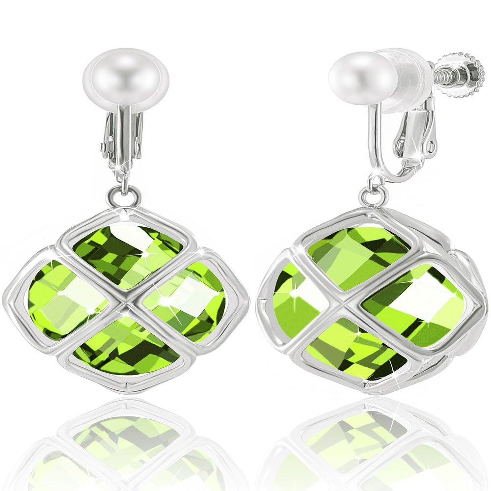 Clip On Big Light Green Crystal Dangle Earrings for Women (Aug-Peridot-White Gold)