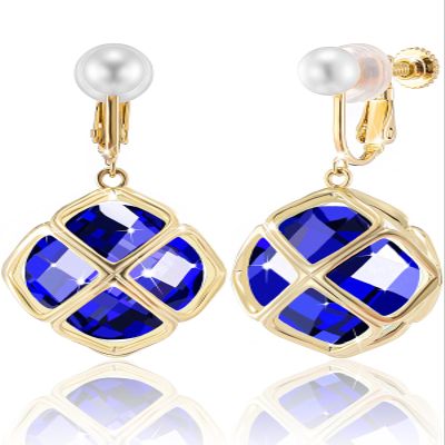 Clip On Big Dark Blue Crystal Dangle Earrings for Women (Sept-Sapphire-14K Gold)