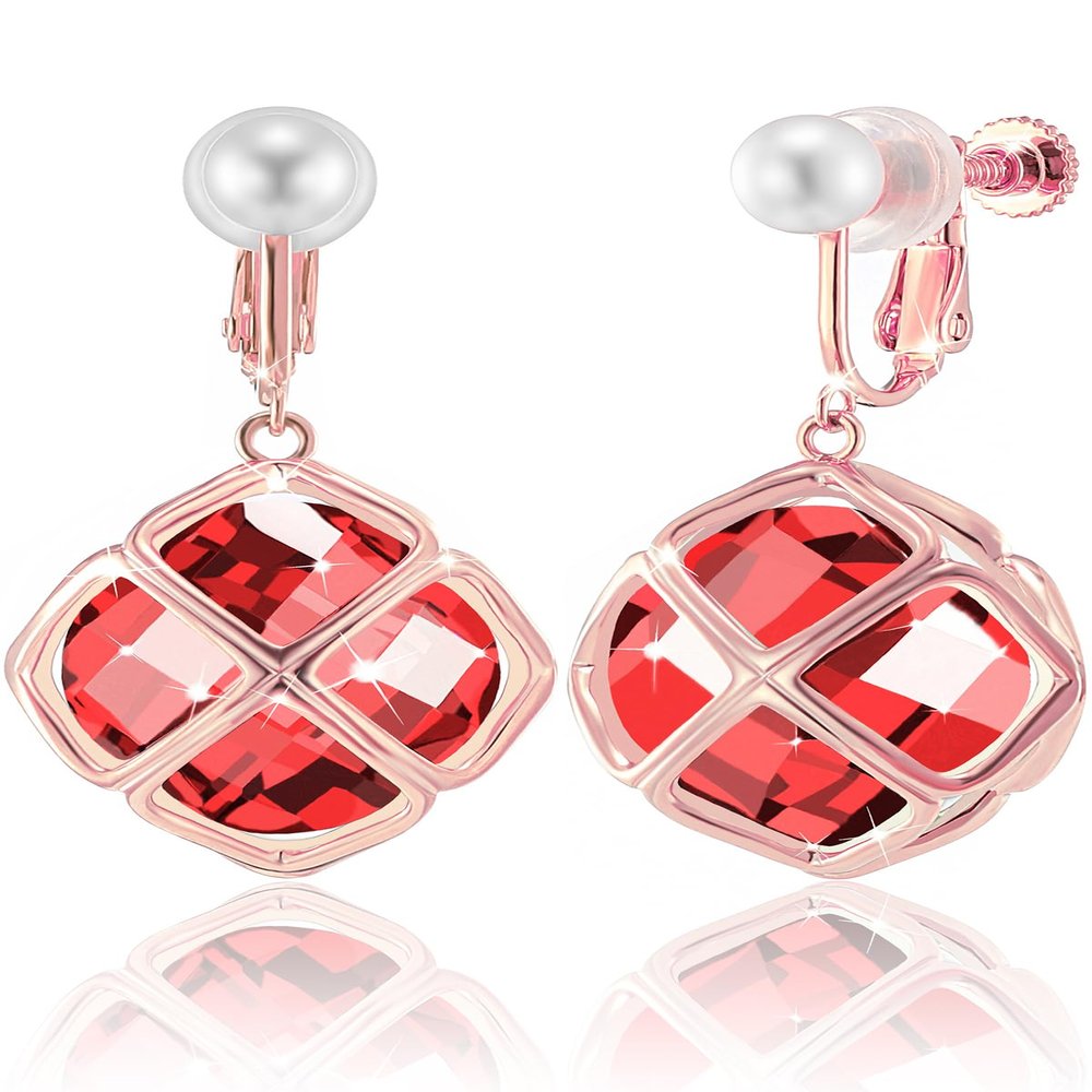 Clip On Big Red Crystal Dangle Earrings for Women (Jul-Ruby-Rose Gold)