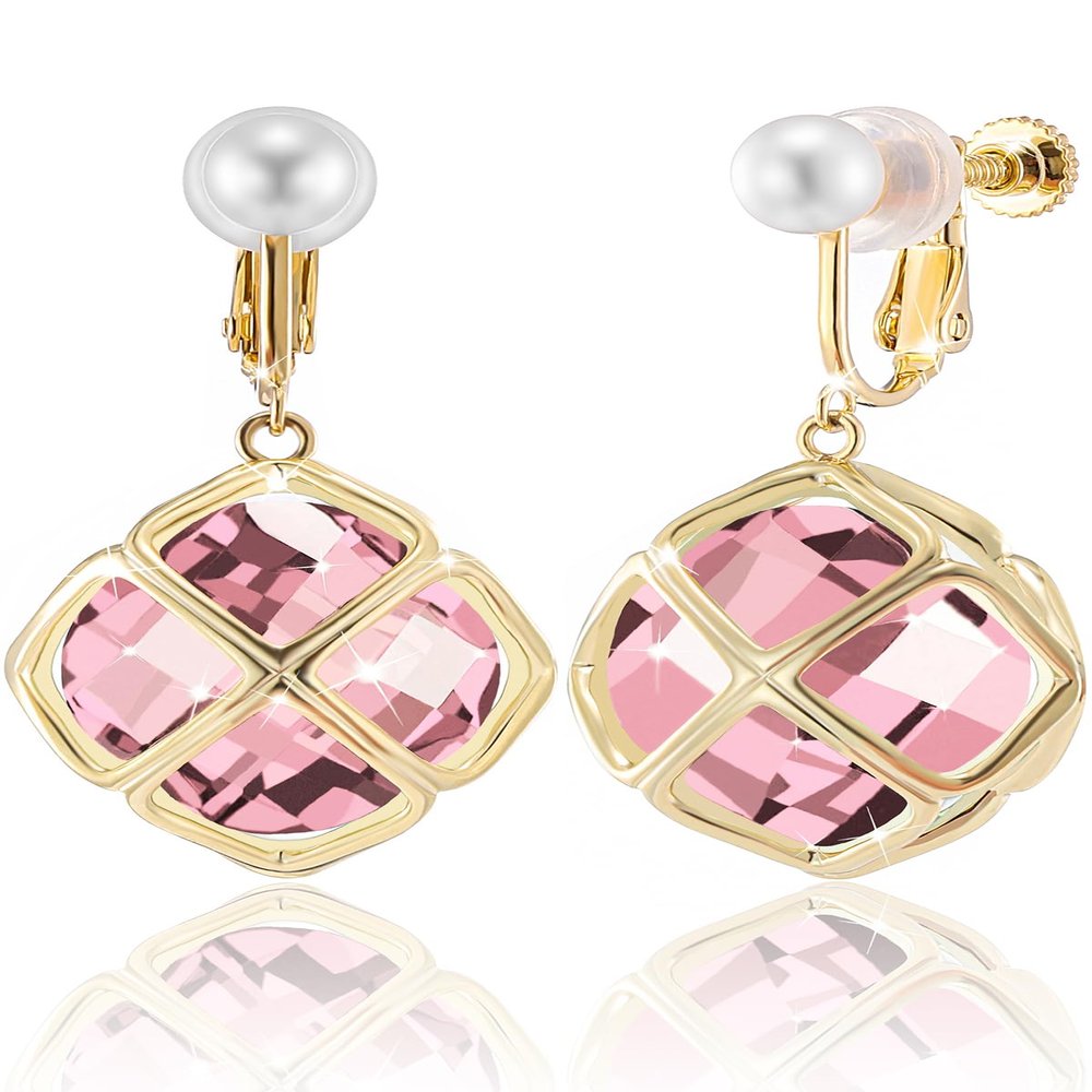 Clip On Big Rose Quartz Crystal Dangle Earrings for Women (Oct-Pink-14K Gold)