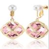 Clip On Big Rose Quartz Crystal Dangle Earrings for Women (Oct-Pink-14K Gold) view 1