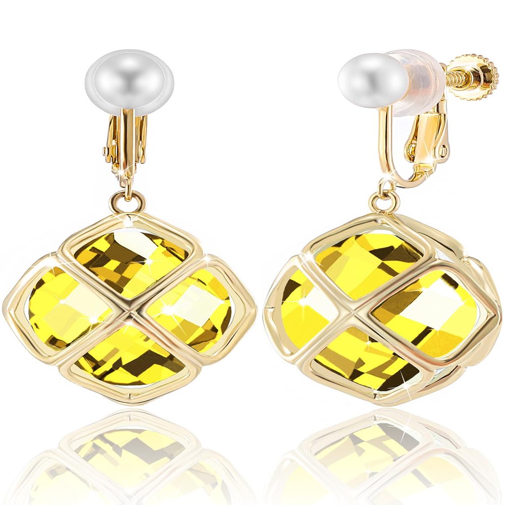 Clip On Big Yellow Crystal Dangle Earrings for Women (Nov-Citrine-14K Gold)