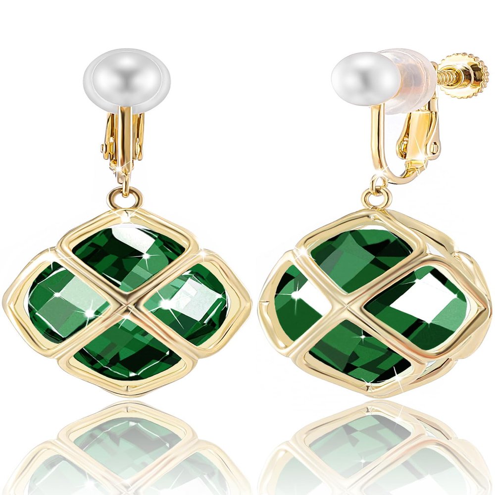 Clip On Big Dark Green Crystal Dangle Earrings for Women (May-Emerald-14K Gold Plated)