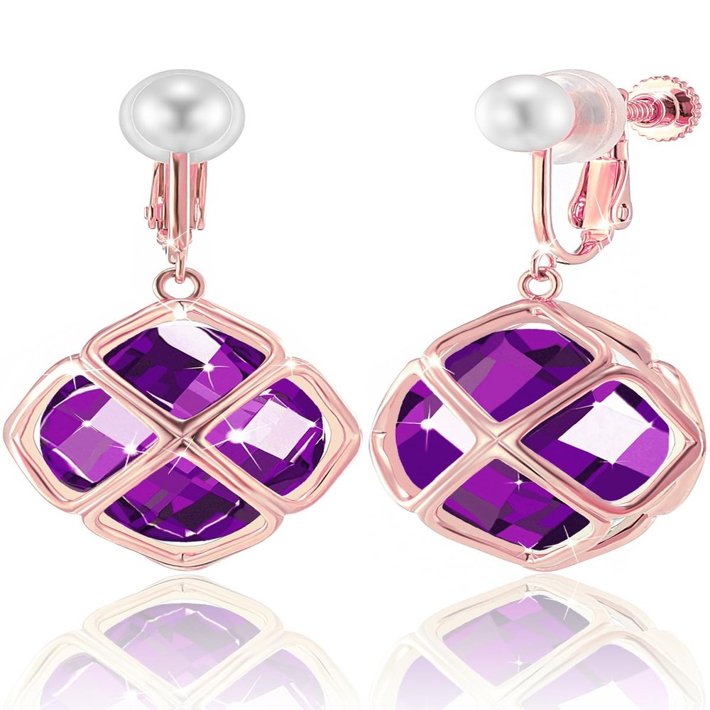 Clip On Big Dark Purple Crystal Dangle Earrings for Women (Feb-Amethyst-Rose Gold)