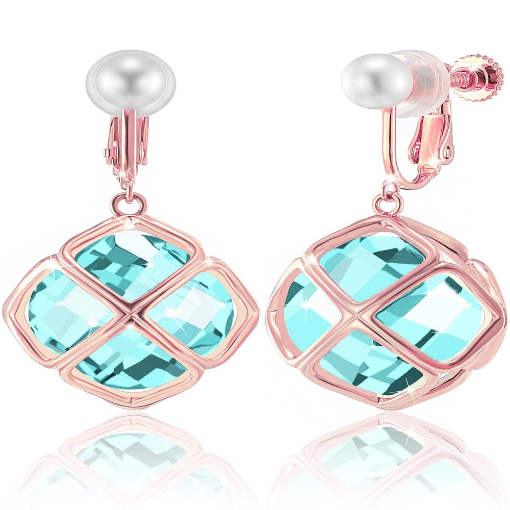 Clip On Big Light Blue Crystal Dangle Earrings for Women (Mar-Aquamarine-Rose Gold)