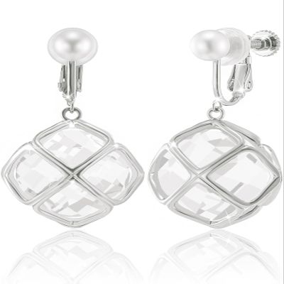 Clip On Big Clear Crystal Dangle Earrings for Women (Apr-Diamond-White Gold)