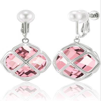 Clip On Big Rose Quartz Crystal Dangle Earrings for Women (Oct-Pink-White Gold Plated)