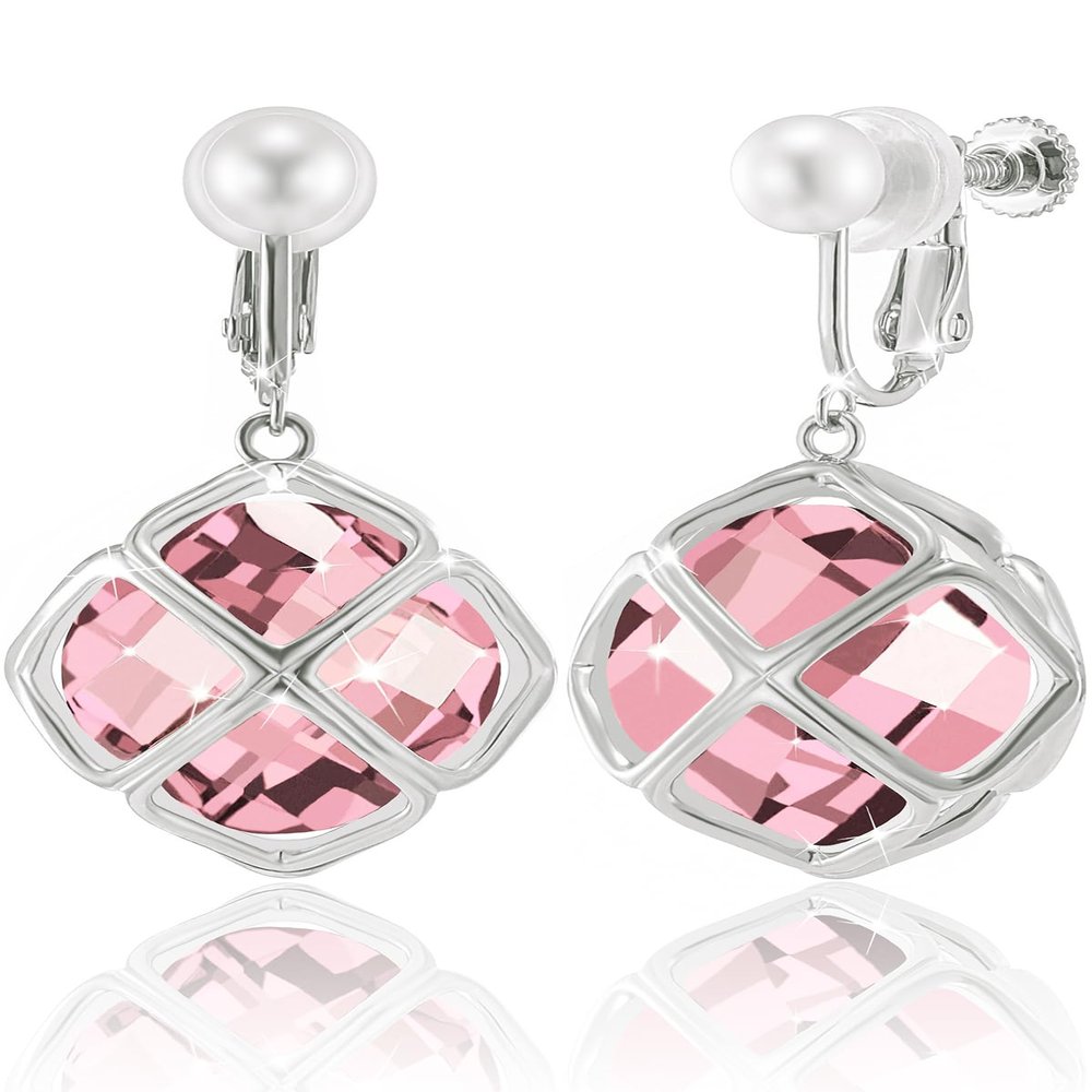 Clip On Big Rose Quartz Crystal Dangle Earrings for Women (Oct-Pink-White Gold Plated)