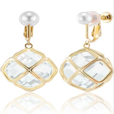 Clip On Big Clear Crystal Dangle Earrings for Women (Apr-Diamond-14K Gold)