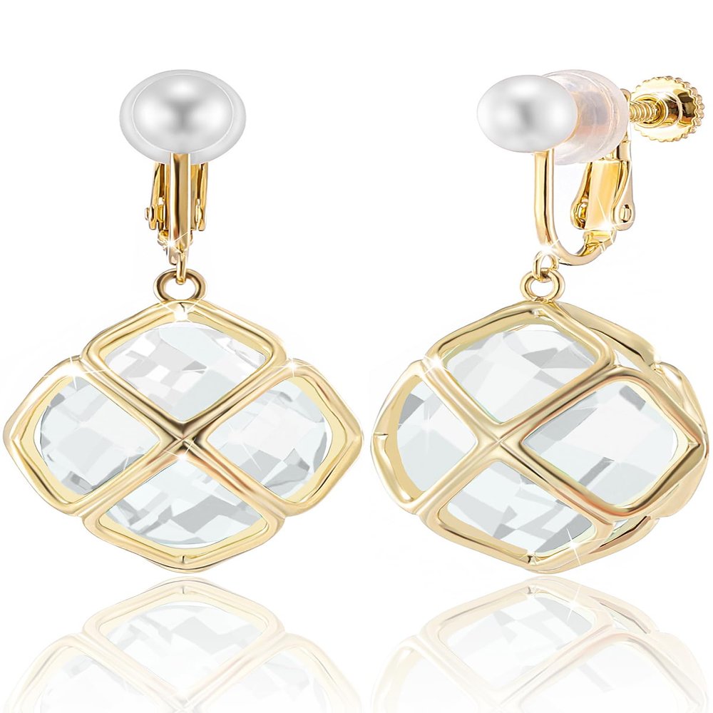 Clip On Big Clear Crystal Dangle Earrings for Women (Apr-Diamond-14K Gold)