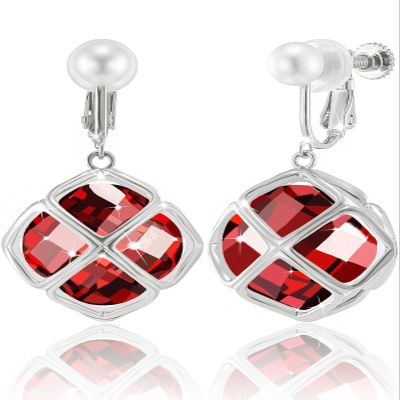 Clip On Big Dark Red Crystal Dangle Earrings for Women (Jan-Garnet-White Gold)