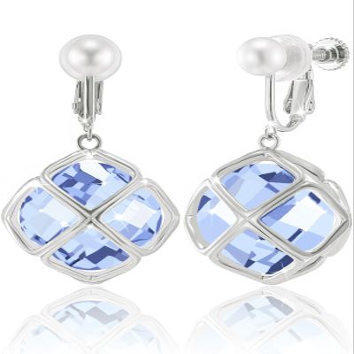 Clip On Big Purple Crystal Dangle Earrings for Women (Jun-Lavender-White Gold)