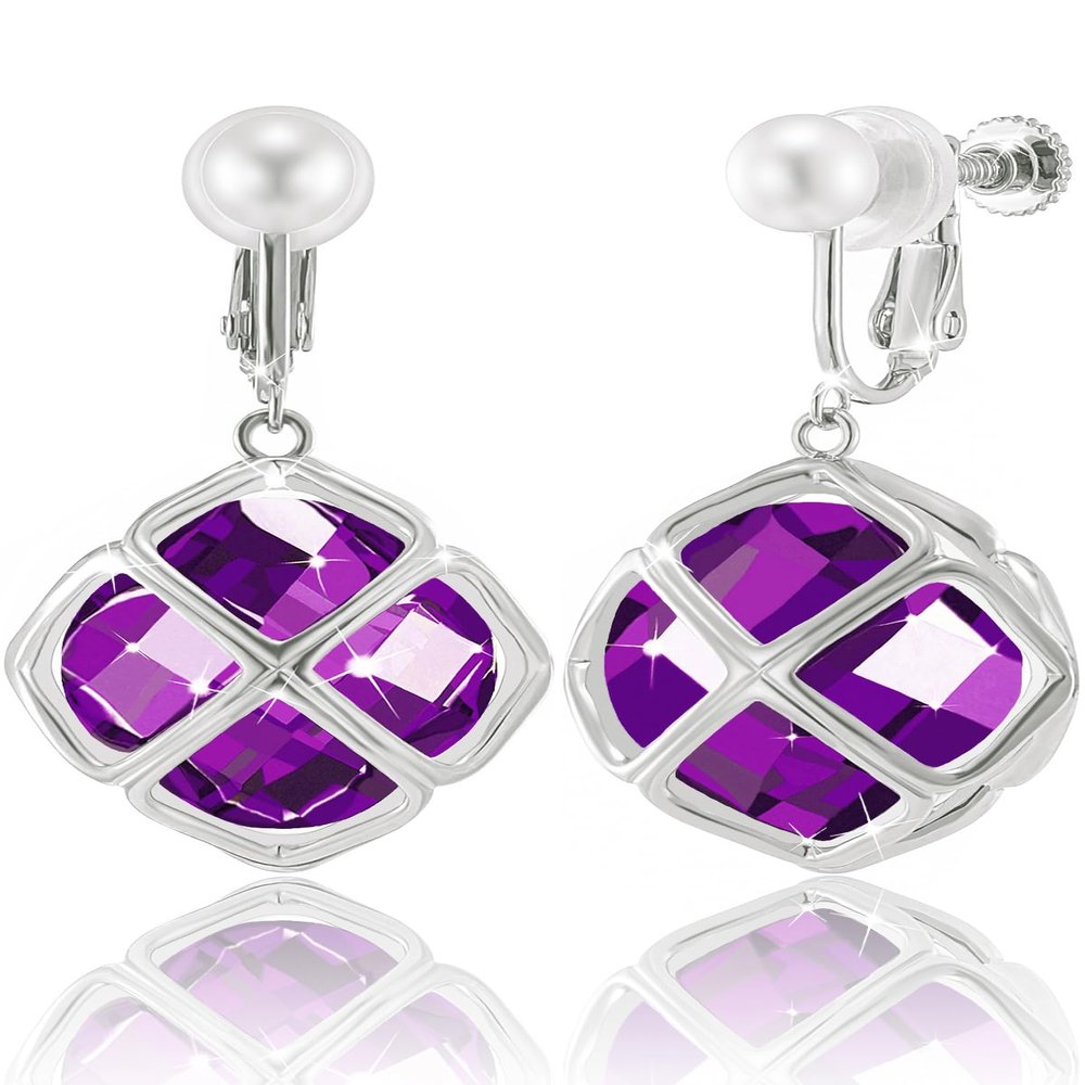 Clip On Big Dark Purple Crystal Dangle Earrings for Women (Feb-Amethyst-White Gold)