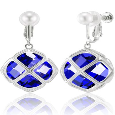 Clip On Big Dark Blue Crystal Dangle Earrings for Women (Sept-Sapphire-White Gold)