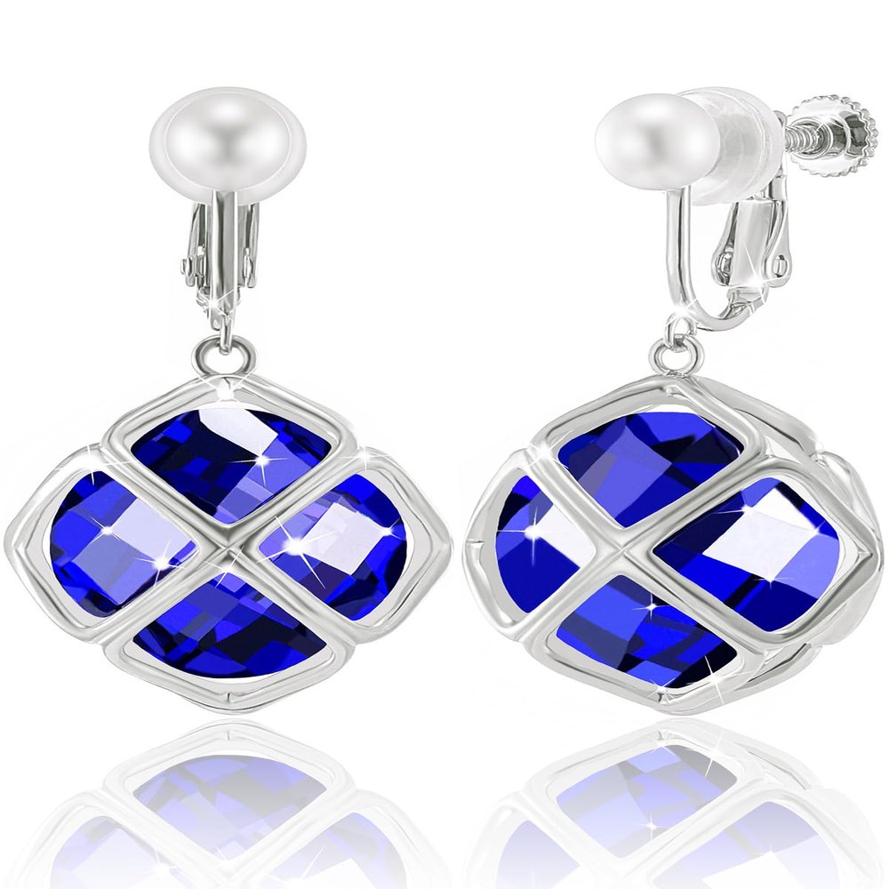 Clip On Big Dark Blue Crystal Dangle Earrings for Women (Sept-Sapphire-White Gold)