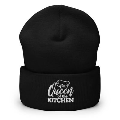 Female Chef Embroiderd Beanie Hat, Queen of The Kitchen, Kitchen Lover, Mom Cooking Gift Black