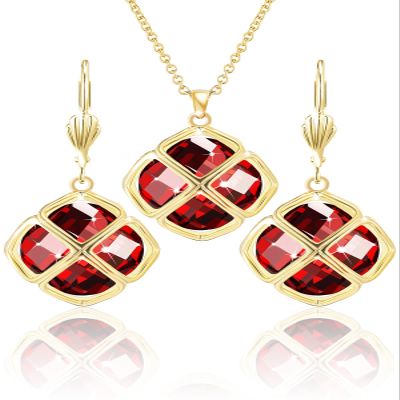 Qinpan 14MM Crystal Pendant Drop Dangle Necklace Earrings Set for Women Glod Plated Costume Jewelry Sets, 38*17.8mm, Yellow Gold, Garnet