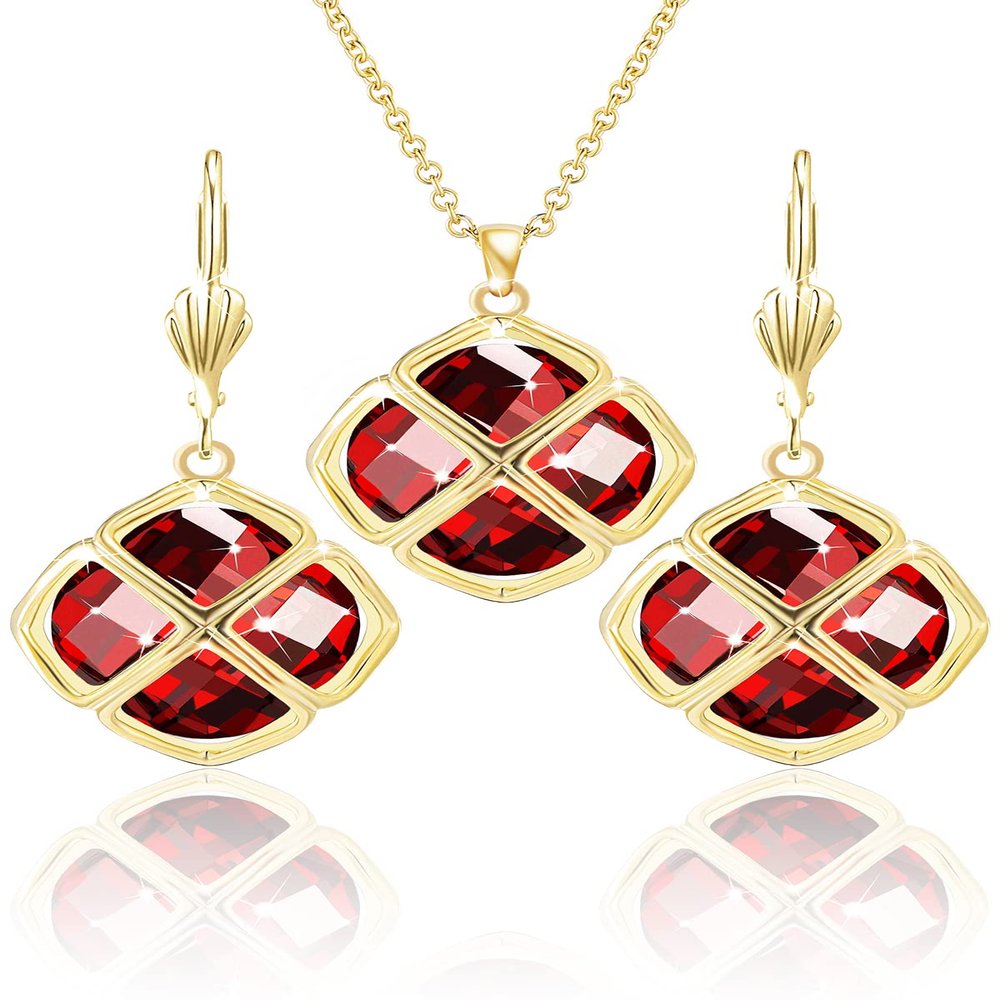 Qinpan 14MM Crystal Pendant Drop Dangle Necklace Earrings Set for Women Glod Plated Costume Jewelry Sets, 38*17.8mm, Yellow Gold, Garnet
