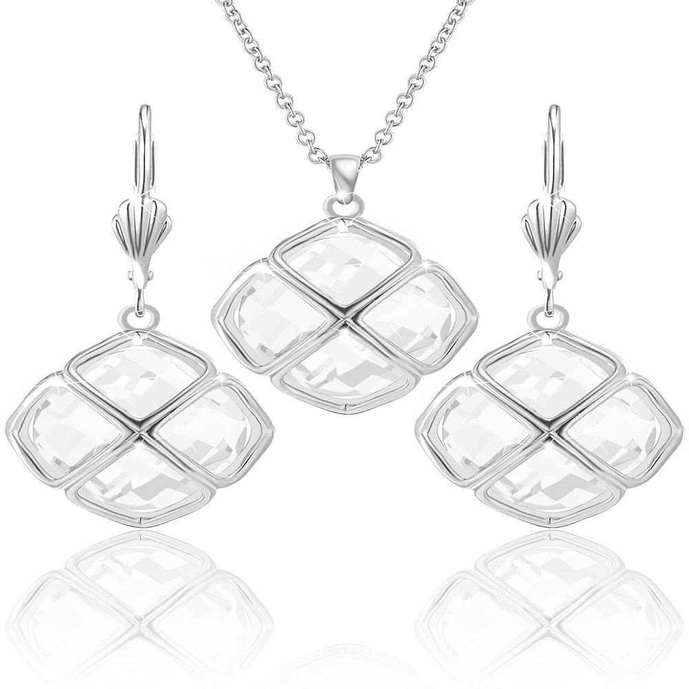 Qinpan 14MM Crystal Pendant Dangle Necklace Earrings Sets for Women Glod Plated Costume Jewelry, 38*17.8mm, Platinum, Diamond