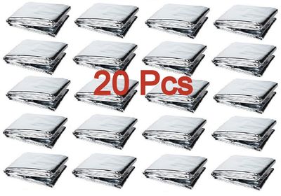 GALAXYLENSE 20 Packs Thermal Mylar Blanket Emergency for Survival First Aid Kits Army Outdoors Hiking Camping Bug Out Trauma Desert All Weather Condition Protection Silver Color
