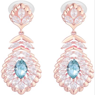 Clip On Light Blue Crystal Dangle Non Pierced Earrings for Women (Mar-Aquamarine-Rose Gold Plated)