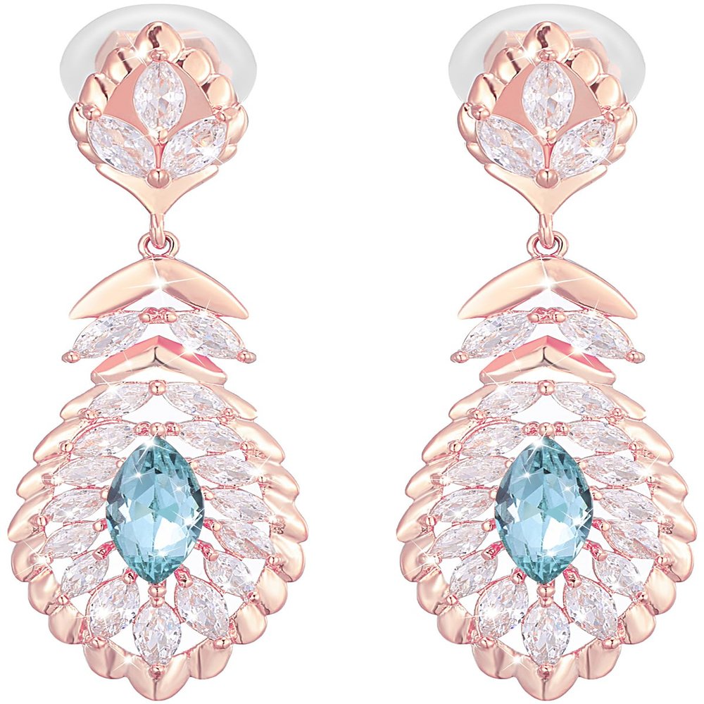 Clip On Light Blue Crystal Dangle Non Pierced Earrings for Women (Mar-Aquamarine-Rose Gold Plated)